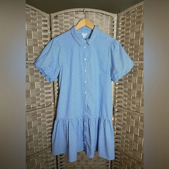 J. Crew Striped Bubble-Sleeve Button-Front Shirt Dress - Size 14 - Picture 4 of 14